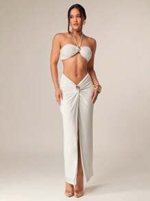 Silquee Summer Elegant Off-White Vacation Holiday Women 2 Pieces Set Solid Short Tank Shell Metallic Decoration Slim Fit Maxi Skirt Party Night Out - White - View 7