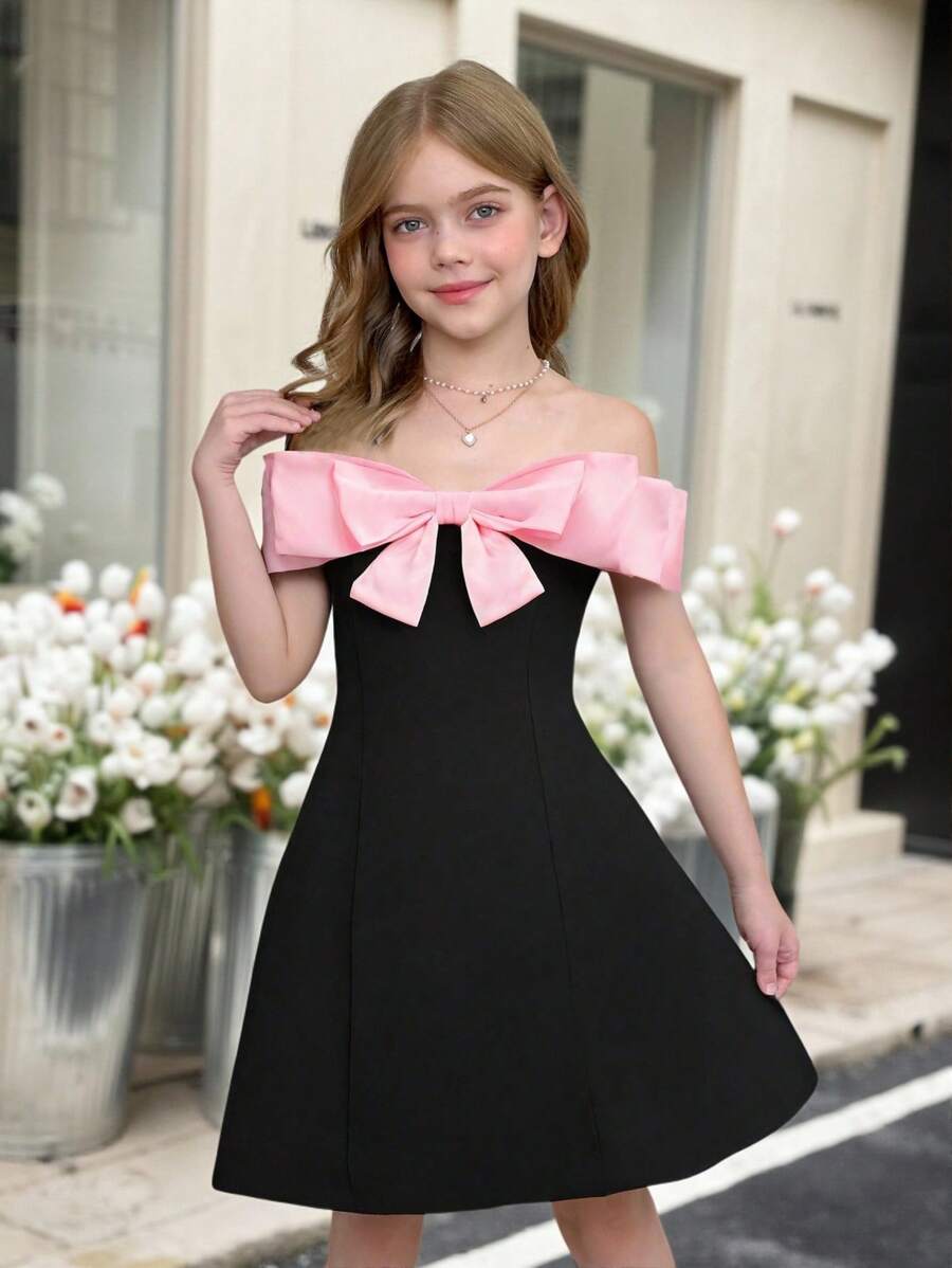 SHEIN Leap Crew Tween Girl Solid Color Knit Off Shoulder Fitted Casual Elegant Dress With Bow Decor, Cute Sweet Dress, Princess Dress, Suitable For Back To School, Graduation Dance, Wedding Season For Valentine's Day - Black - View 1