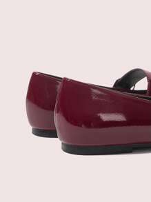 CUCCOO DOLLMOD Wine Red Crinkle Textured Square Toe 1CM Combo Heel Comfortable Flat Shoes For Women - Burgundy - View 8