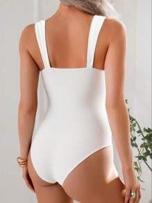 Swim Basics Women's Solid Color Ruched Shoulder One Piece Swimsuit, Minimalist Bohemian Festival Style For Summer Beach Vacation