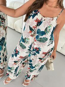 SHEIN Essnce Plus Size Women's Spring And Summer Fashion Casual Loose Comfortable Cool Light Daily Printed Apricot Suspender Jumpsuit,Beach Outfits For Woman,Boho Women Clothing,Cruise Outfits Women,Hawaii Outfits Women,European Summer,Curve Cute Clothes - Beige - View 5