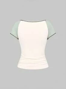 Strawberry Shortcake | ROMWE Women's Letter And Cartoon Pattern Colorblock Fitted Short Sleeve T-Shirt - Apricot - View 2