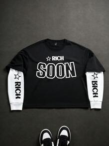 Manfinity EMRG Men's Crew Neck Letter Print Casual Mock Layer Pullover Sweatshirt ,Summer , Men Tops Long Sleeve , Rock Shirts