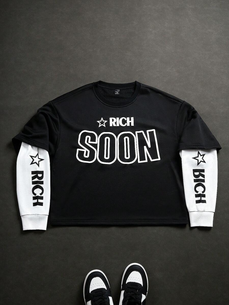 Manfinity EMRG Men's Crew Neck Letter Print Casual Mock Layer Pullover Sweatshirt ,Summer , Men Tops Long Sleeve , Rock Shirts