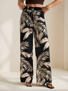 SHEIN Tall 女士热带植物印花抽绳腰休闲阔腿裤 - 黑色 - 查看 9