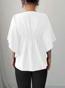 Selianne 女式蕾丝装饰蝙蝠袖衬衫 - 花卉图案随机 - 白色 - 查看 2