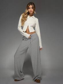 MISSGUIDED Wide Leg Stripe Lounge Pants Textured Knit Drawstring Palazzo Long Trousers Relaxed Fit Fall Winter Casual Wear - Black and White - View 4