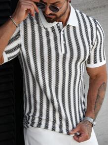 Manfinity CasualCool Áo thun Polo sọc tay ngắn cho nam, thời trang cho mùa hè - Đen và trắng - Xem 6