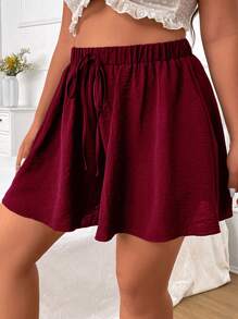Flirla Plus Size Casual Solid Color Wide Leg Shorts, Summer - Burgundy - View 1