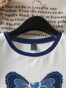 SHEIN EZwear 休闲简约蝴蝶结印花圆领短袖宽松女士T恤