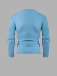 SHEIN Cottnline Homme Pull col rond régulier avec motif géométrique rayé - Bleu azur - Voir 2
