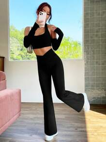SHEIN EZwear Overlap Waist Flare Leg Pants