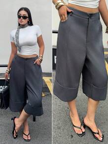 POPSWAY Calças elegantes e casuais de cintura alta, pernas largas, 7/10, para mulheres, com punhos dobrados, estilo solto, calças versáteis