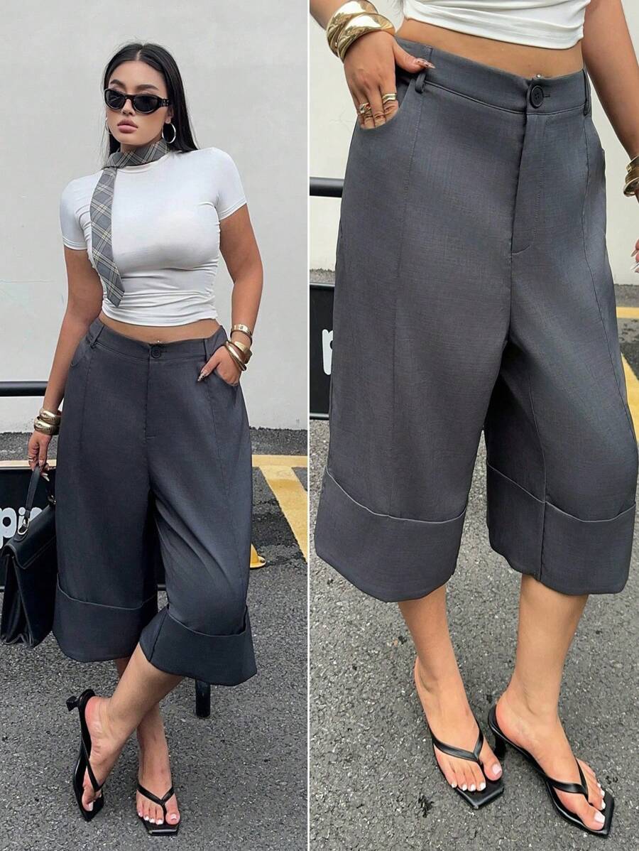 POPSWAY Calças elegantes e casuais de cintura alta, pernas largas, 7/10, para mulheres, com punhos dobrados, estilo solto, calças versáteis