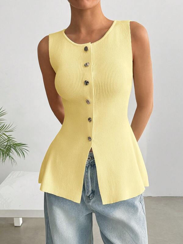 SHEIN EZwear Gestricktes ärmeloses Trägertop in Große Größen, Gelb, kühlend für den Sommer