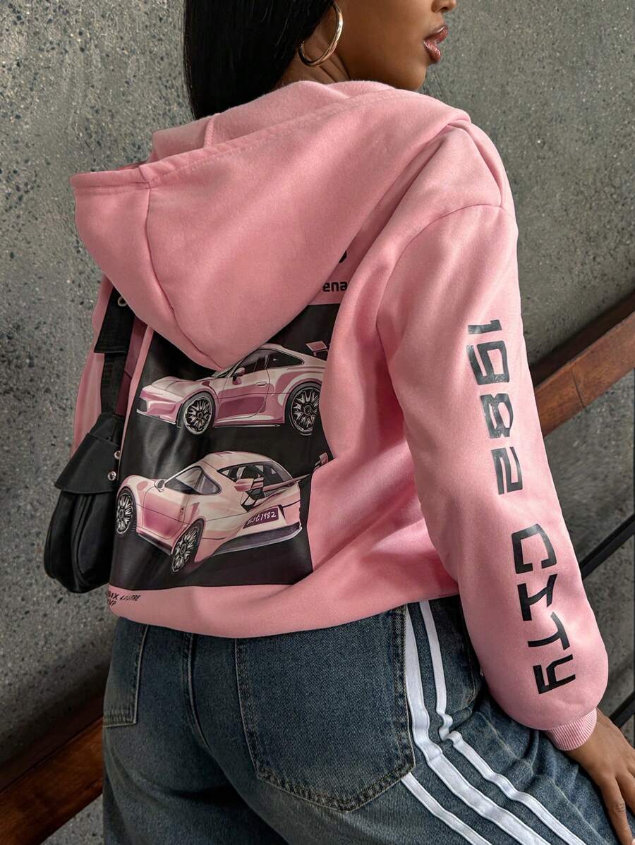 INAWLY 前拉链口袋字母印花连帽衫、休闲装、长袖上衣 - 粉色 - 查看 1