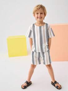 SHEIN Young Boy Striped Graphic Tee & Shorts Set - Multicolor - View 3