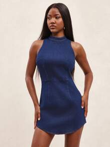 NYA SZN 牛仔吊带高领修身连衣裙休闲日常基本款街头风秋季女装 - 淺色水洗藍 - 查看 4