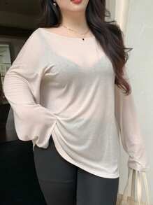 Dazy Plus Camiseta de manga larga suelta de unicolor con diseño de espalda descubierta, estilo de vacaciones