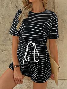 SHEIN Loose Casual Striped Short Sleeve Maternity Jumpsuits - Black - View 4