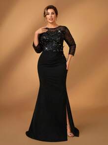 Serin Plus Size Elegant Luxurious Black Round Neck Sheer Mesh Half Sleeve Lace Embroidery Ruched Split Fishtail Dress, Suitable For Wedding, Party, Vacation, Ball, Mother Of The Bride (Heavy Work)