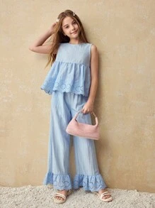 Ontre 2 pezzi/set Top e pantaloni coordinati per ragazze pre-adolescenti con dettagli in pizzo - Blu - Visualizzare 3