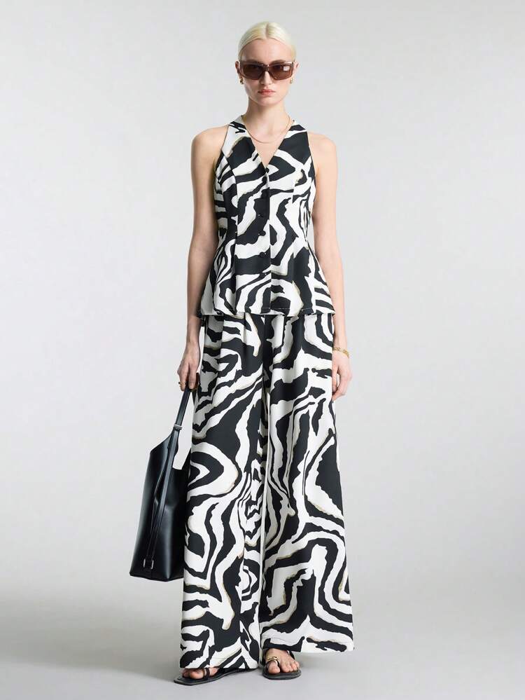2025 New Urban Style Zebra Print Pattern Elastic Waistband Pants For Women, Daily Wear Spring & Summer