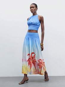 Maija 2pcs/Set Women's Solid Sleeveless Top & Printed A-Line Skirt Vacation Outfits Woman Beach Outfits For Woman Vacation Outfits Women Birthday Outfits For Women Cute Summer Tops Beach Vacation Outfits Hawaii Outfits Women Skirt Two Pieces Set Fairycore Boho Women Clothing Bohemian Clothes For Women Off The Shoulder