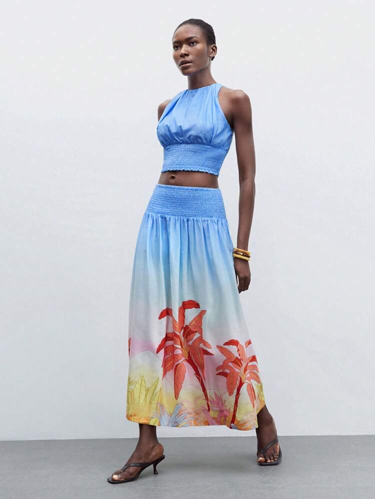 SHEIN Maija 2pcs/Set Women's Solid Sleeveless Top & Printed A-Line Skirt Vacation Outfits Woman Beach Outfits For Woman Vacation Outfits Women Birthday Outfits For Women Cute Summer Tops Beach Vacation Outfits Hawaii Outfits Women Skirt Two Pieces Set Fairycore Boho Women Clothing Bohemian Clothes For Women Off The Shoulder