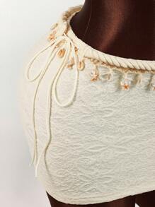 Amplova Set de 2 piezas: Top corto decorado con cuerda, estrella de mar y concha, y mini falda