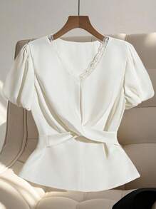 Franclia High-End Lace V-Neck Satin Short Sleeve Blouse With Tie Waist And Puff Sleeves - White - View 1