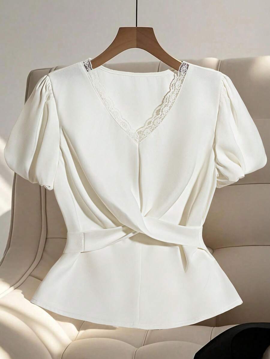 Franclia High-End Lace V-Neck Satin Short Sleeve Blouse With Tie Waist And Puff Sleeves - White - View 1