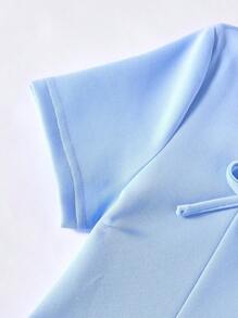 SHEIN Girls Blue Minimalist Solid Color Bow Decor Fitted Long Dress - Blue - View 7