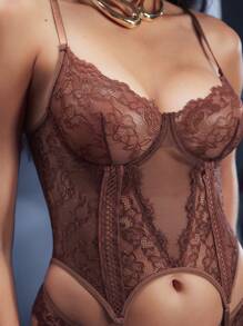 SHEIN 3 件套优雅蕾丝性感透明魅力内衣套装 - 文胸、丁字裤、过膝长袜、女士外出性感内衣 - 咖啡棕 - 查看 7