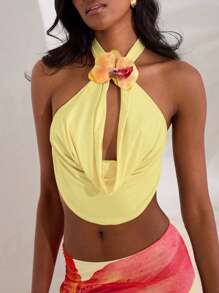 Opulessa Top halter con espalda abierta y decoración floral 3D para mujer, ideal para vacaciones