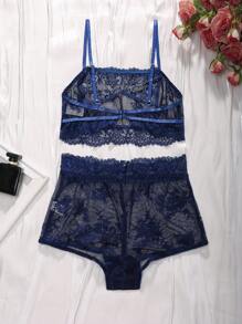 SHEIN 2pcs/Set Sexy Lace See-Through Women's Lingerie Set - Blue - View 7