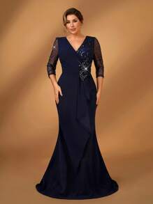 Serin Vestido elegante y romántico de talla grande con escote en V, parches de lentejuelas, tejido de punto, manga media transparente, parche floral, volantes y dobladillo de cola de sirena para ocasión especial de la madre