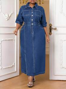 SHEIN Lady Váy denim dài vừa phải, tay lửng, dáng ôm vừa vặn dành cho nữ, màu xanh - Rửa tối - Xem 1