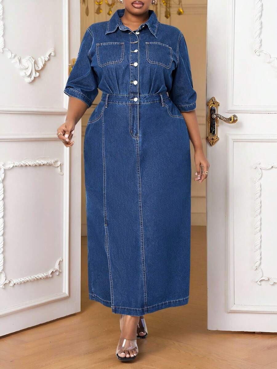 SHEIN Lady Váy denim dài vừa phải, tay lửng, dáng ôm vừa vặn dành cho nữ, màu xanh - Rửa tối - Xem 1