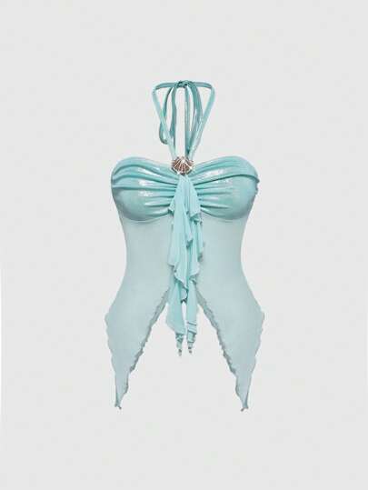 Fairycore Top da donna con bretelle sottili, orlo asimmetrico e decorazione a conchiglia, per l'estate