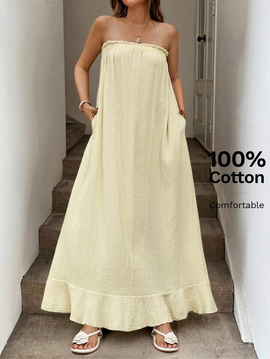 SHEIN LUNE Frill Trimmed Collar, Frill Trim A-Line Babydoll Dress, Double Layered Crepe Fabric, Casual Holiday Elegant Dress For Women, Light Yellow - Light Yellow - View 1