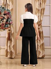 Tween Girls Elegant Color Block Puff Sleeve Shirt & Pants 2 Pieces Set - Black and White - View 2