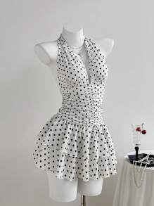 Elamini 黑白波尔卡圆点深 V 领露背紧身迷你连衣裙，荷叶边下摆，优雅浪漫波西米亚风性感休闲日常百搭夏季女装 - 白色 - 查看 3