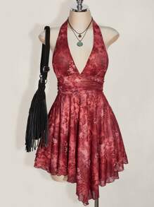 SHEIN ICON Plus Size Halter V-Neck Knitted Mesh Paisley Print Dress, Asymmetric Hem Halter Backless Tie Dress, Y2K, Summer Vacation, Boho Chic,Club Outfits Women Sexy