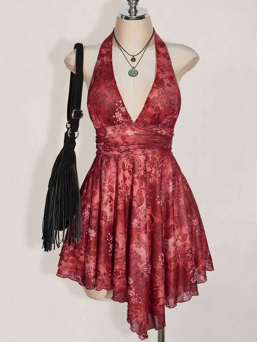 SHEIN ICON Plus Size Halter V-Neck Knitted Mesh Paisley Print Dress, Asymmetric Hem Halter Backless Tie Dress, Y2K, Summer Vacation, Boho Chic,Club Outfits Women Sexy