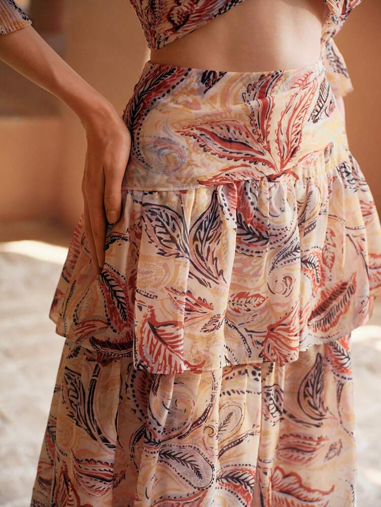 PLANTS PRINT TIERED LAYER SKIRT
