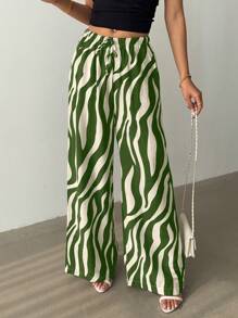 RosyDaze Black & White  Floral Elasticated Cinched Waits Up Women's Casual Wide Leg Pants - Olive Green - View 6