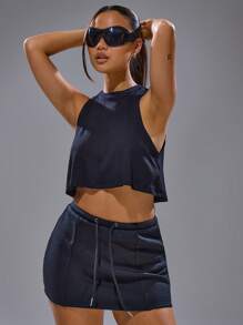 MUSERA Ribbed Sleeveless Flare Hem Cropped Top Spring, Summer, Streetwear, Y2k, Cool Girl,City Muse Fall - Black - View 1