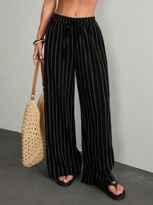 SHEIN PETITE 女士休闲通勤条纹阔腿裤 - 黑色 - 查看 3