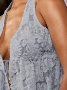MISSGUIDED Textured Lace Halter Neck Tie Front Peplum Top Summer Boho Festival Sleeveless Vintage Delicate Evening Party Flattering Cut - Baby Blue - View 5